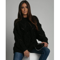 Sweter damski czarny przedłużany wzorzysty Sweter damski czarny przedłużany wzorzysty